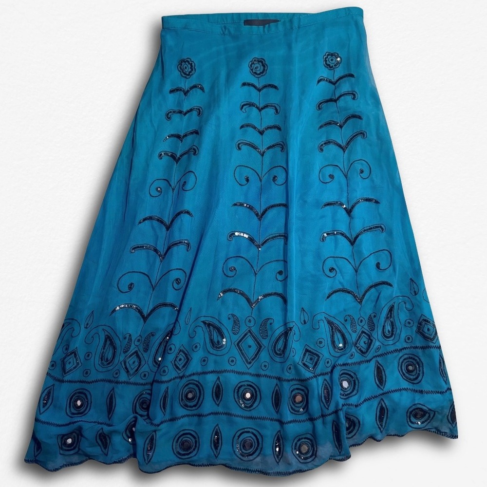 Debbie Shuchat Vintage 90s Y2K Blue Silk Embroidered Sequin Maxi Skirt Womens 12